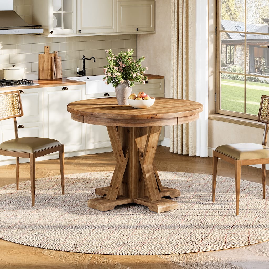 Round Pedestal Dining Table, 39.4-Inch Farmhouse Solid Wood Dinner Table