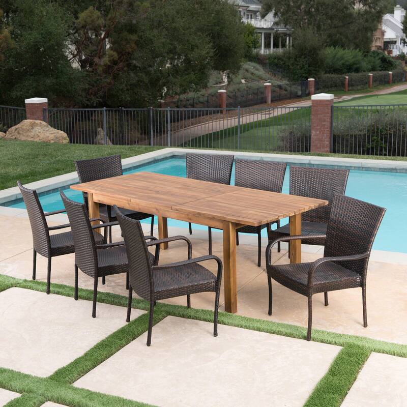 Christopher Knight Home Lambert Outdoor Wicker and Wood Expandable Rectangular Dining Set