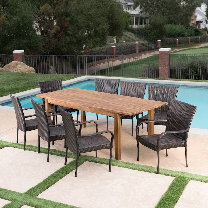 Christopher Knight Home Lambert Outdoor Wicker and Wood Expandable Rectangular Dining Set