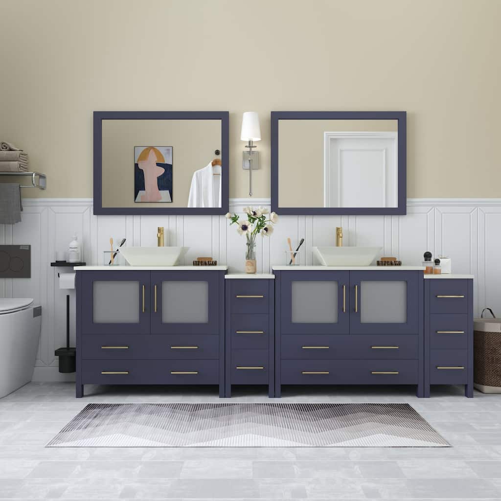 Vanity Art 96" Double Sink Bathroom Vanity Set with Engineered Marble Top and Free Mirror