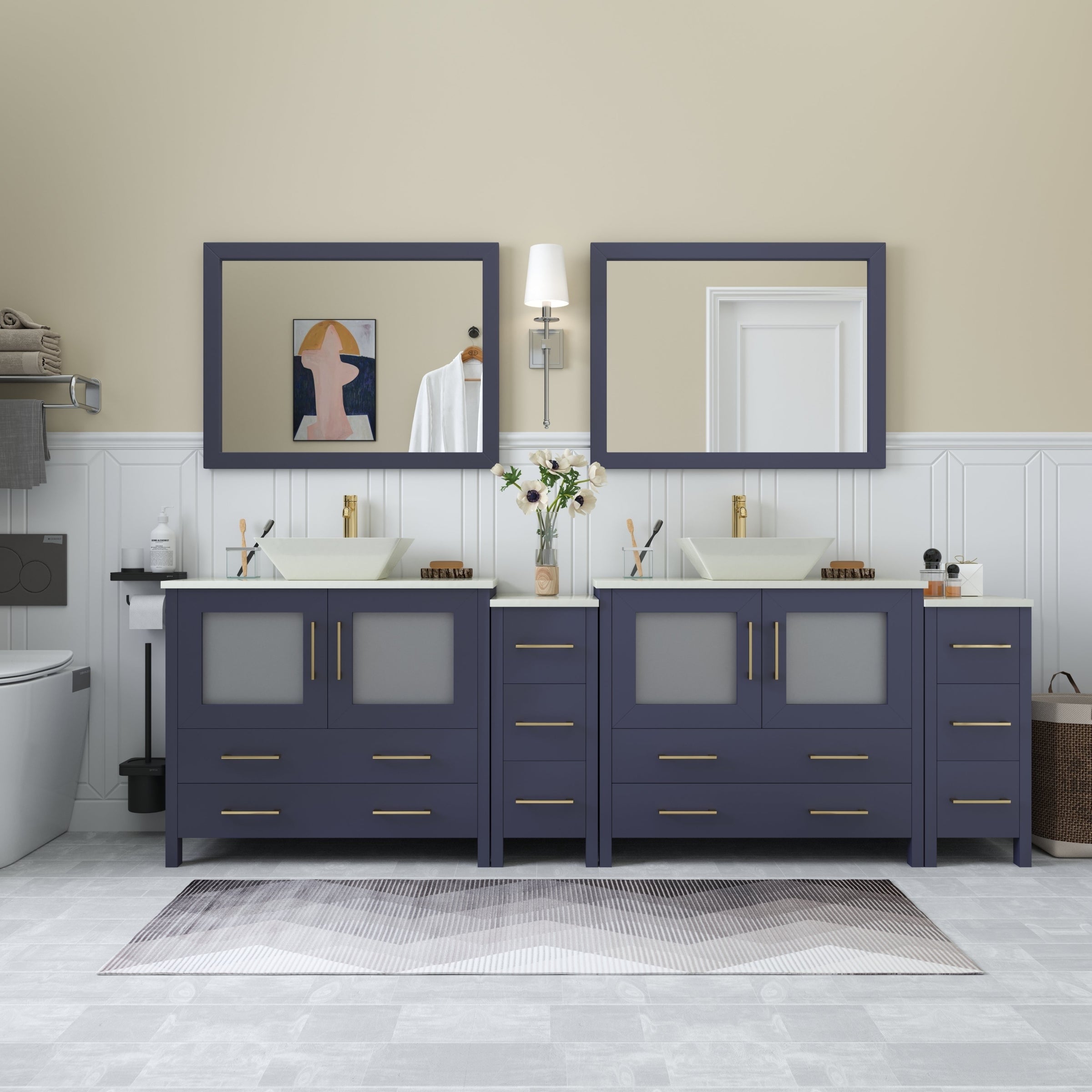 Vanity Art 96" Double Sink Bathroom Vanity Set with Engineered Marble Top and Free Mirror