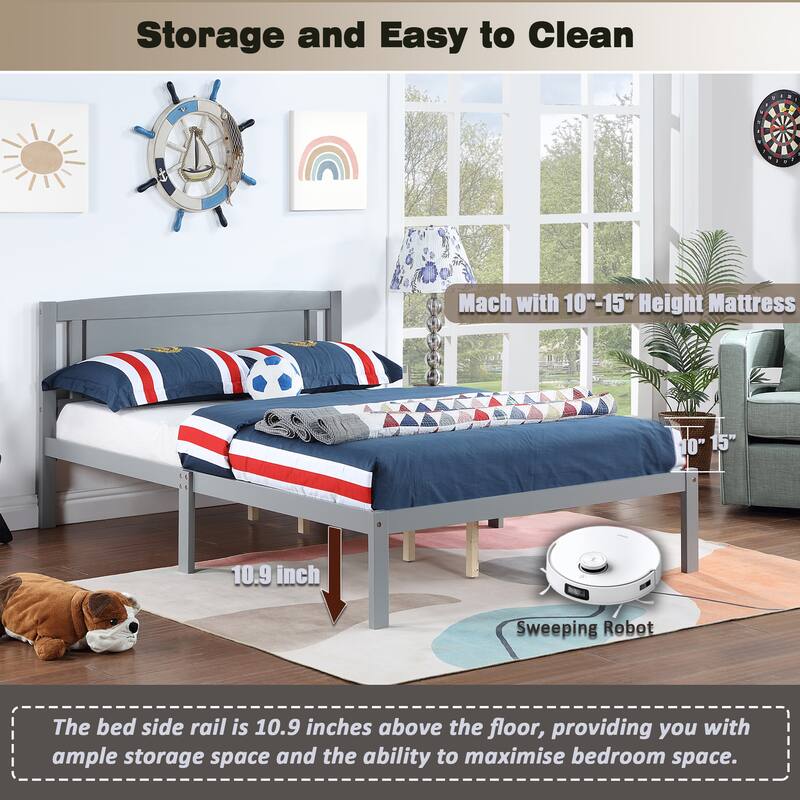 Full Size Modern Style Bed, Wood Platform Bed Frame with Headboard For