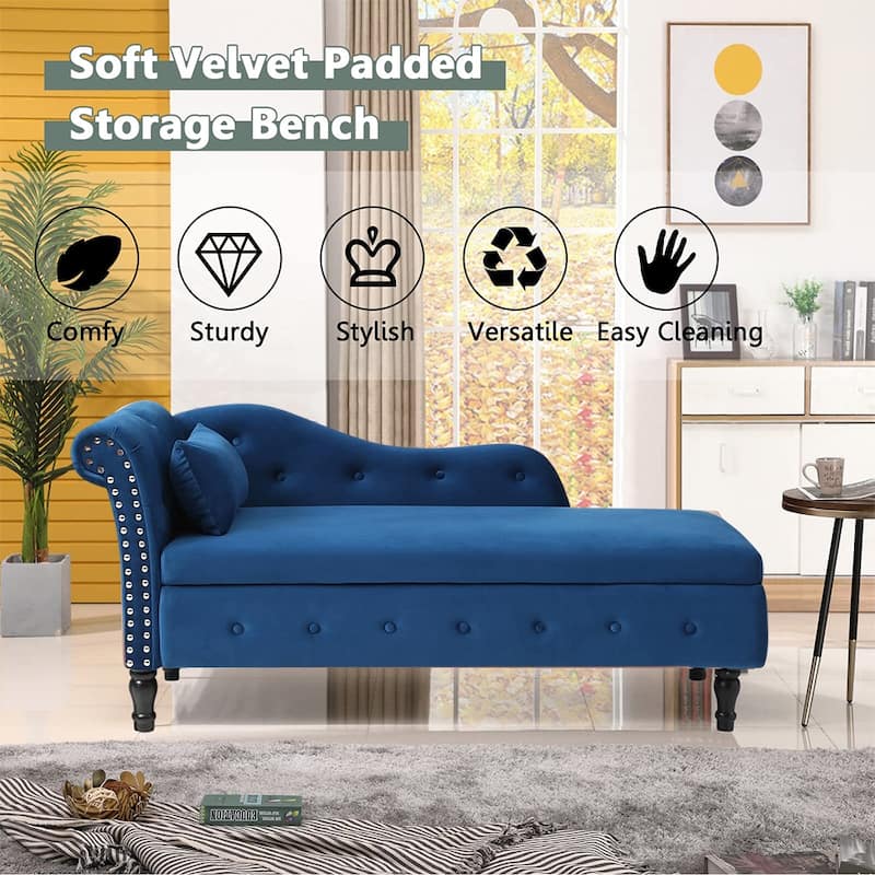 60"W Velvet Tufted Chaise Lounge, Storage Chaise Sofa, Solid Wood Leg - 25"D x 60"W x 27"H