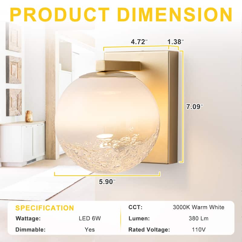 LED Wall Light with Clear-to-White Glass Globe Shade Dual Mount