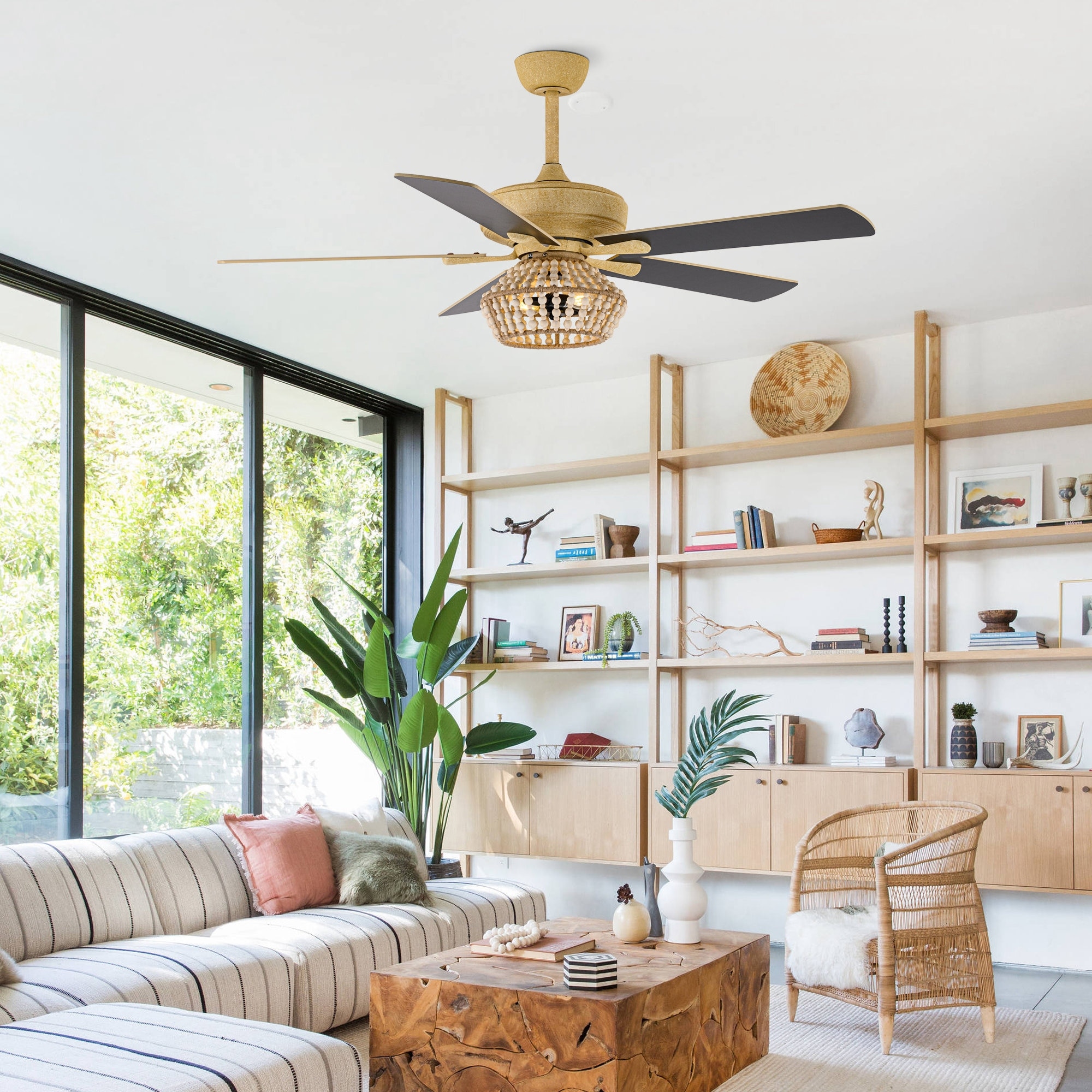 52 in Boho 5 Blade Sand Gold Reversible Cage Ceiling Fan with Remote and Light Kit 52 in W