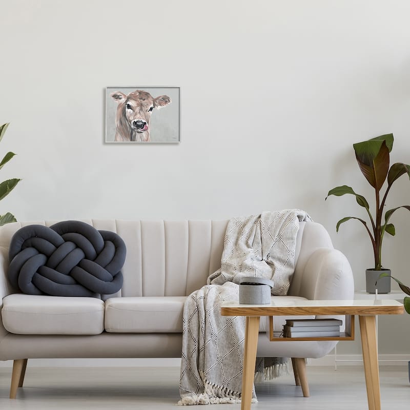 Stupell Cute Baby Farm Cow Calf Licking Lips Portrait Framed Wall Art - Grey