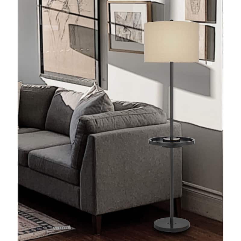 Crofton metal floor lamp with metal tray table and 2 USB charging ports and a weight base.