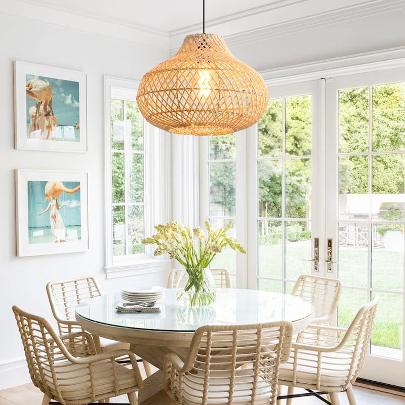 1-Light Boho Brown Rattan Hand-Woven Cloche Hanging Basket Pendant Light - 18.9" W x 59" H