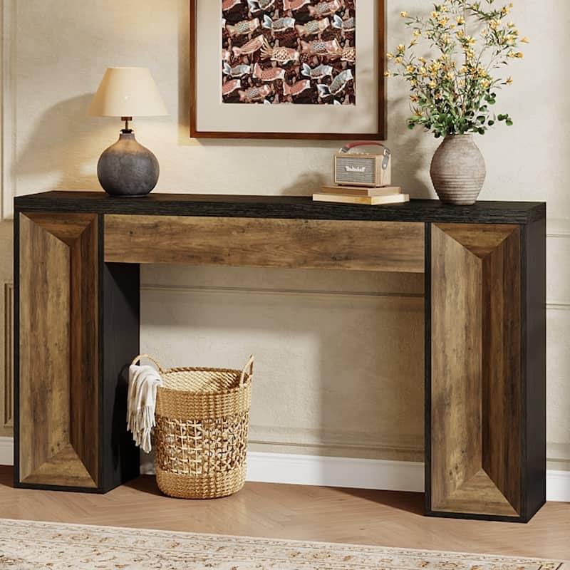 63-Inch Wooden Console Table for Entryway, Dual-Tone Sofa Table for Living Room, Farmhouse Style - Brown & Black