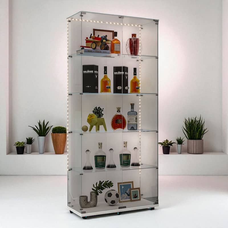 Tall Tempered Glass Storage Cabinet with Remote App LED Strip, Locking Door, Easy-Move Casters, Wine & File Display Case