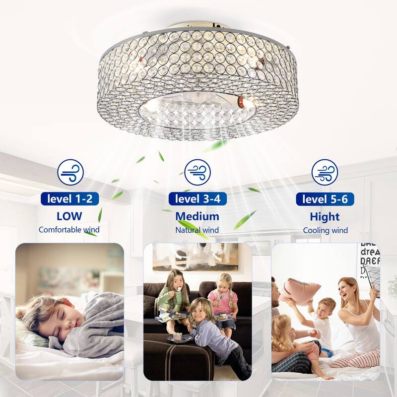 19.6'' Crystal Ceiling Fans with Remote, Flush Mount Ceiling Fan with Light, Chandelier Fan 6 Speed DC Motor Reversible