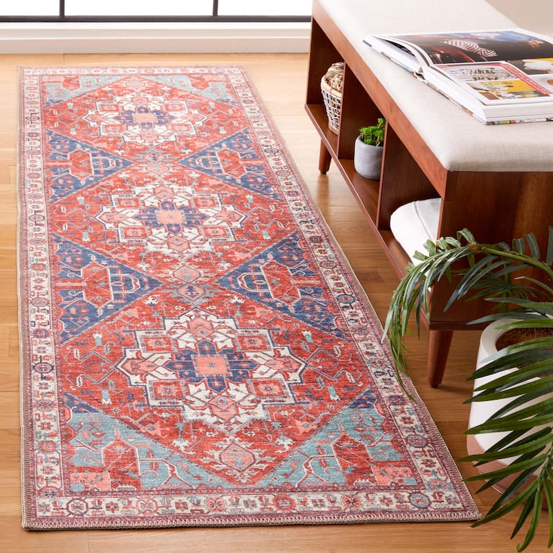 SAFAVIEH Serapi Lillis Traditional Machine Washable Cotton Rug - 2'2" x 8' Runner - Rust/Blue