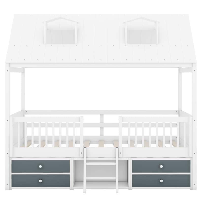 Twin/Full Size Wooden Platform Bed with 4 Drawers and Shelf, Pinewood House Bed Frame with Roof Skylights and Guardrail