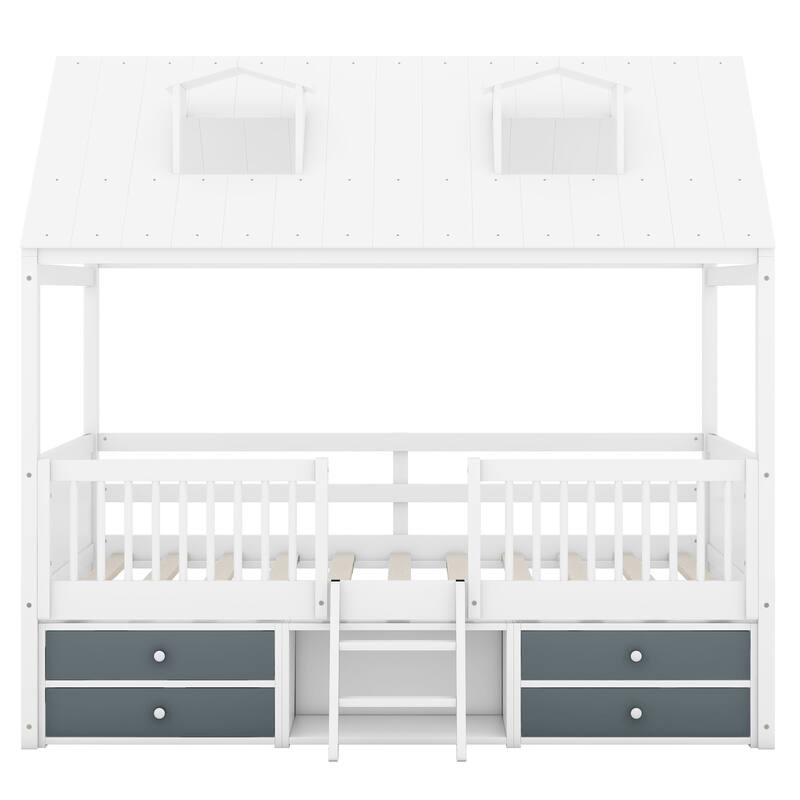 White Full Size Wood Bed House with Fence and Roof for Kids, Boys and Girls, Bedroom