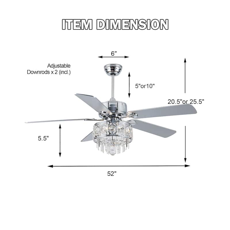 Bella Depot 52" Crystal Ceiling Fan with Reversible Blades, Remote Control and Light Kit