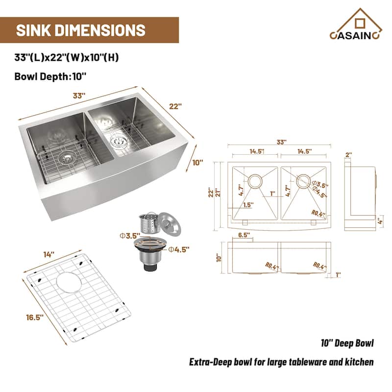 33 in. Farmhouse/Apron-Front Double Bowl 18 Gauge Brushed Stainless Steel Kitchen Sink with Bottom Grid and Strainer