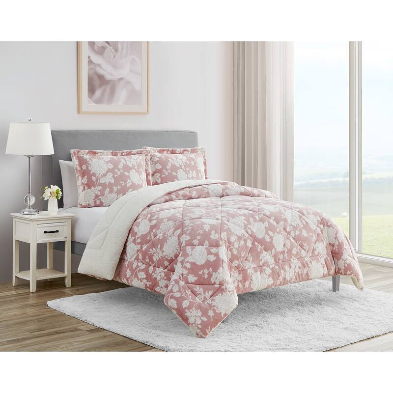 Hadley Floral Pink Ultra Plush-Sherpa 3 PC Comforter Bedding Set - Bed ...