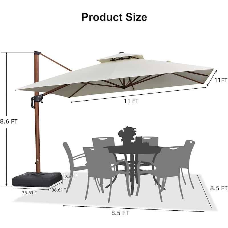 PURPLE LEAF 11ft Square Wood Pattern Patio Cantilever Umbrella with Base
