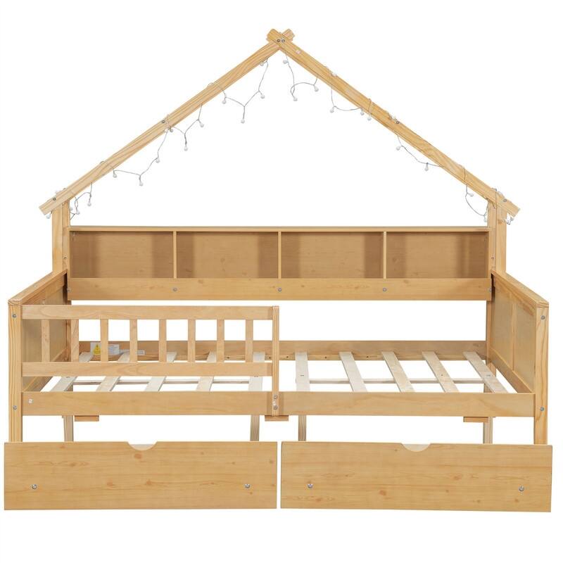 Wooden House Platform Bed with LED Light and 2 Storage Drawers, Full Size Daybed Sofa Bedframe with Storage Shelves & Guardrail