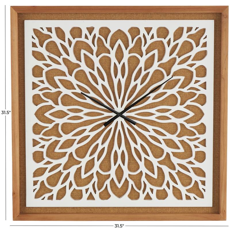 Brown Wood Floral Decorative Wall Clock with White Cutout Board - 2"W x 32"L x 32"H
