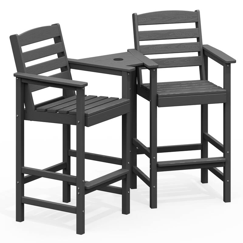HDPE 2-Piece High Bar Stool Set with Umbrella-Compatible Connecting Panel - Grey