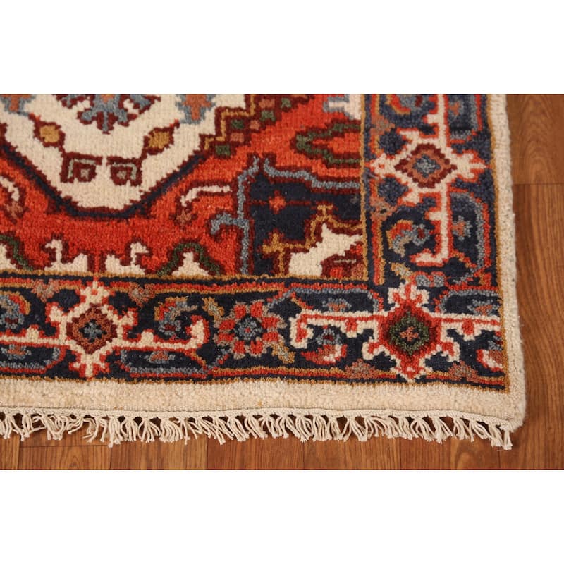 Traditional Heriz Serapi Runner Rug Hand-Knotted Beige Wool Carpet - 2'6" x 14'0" - Ivory/Beige - 2'6" x 14'0"