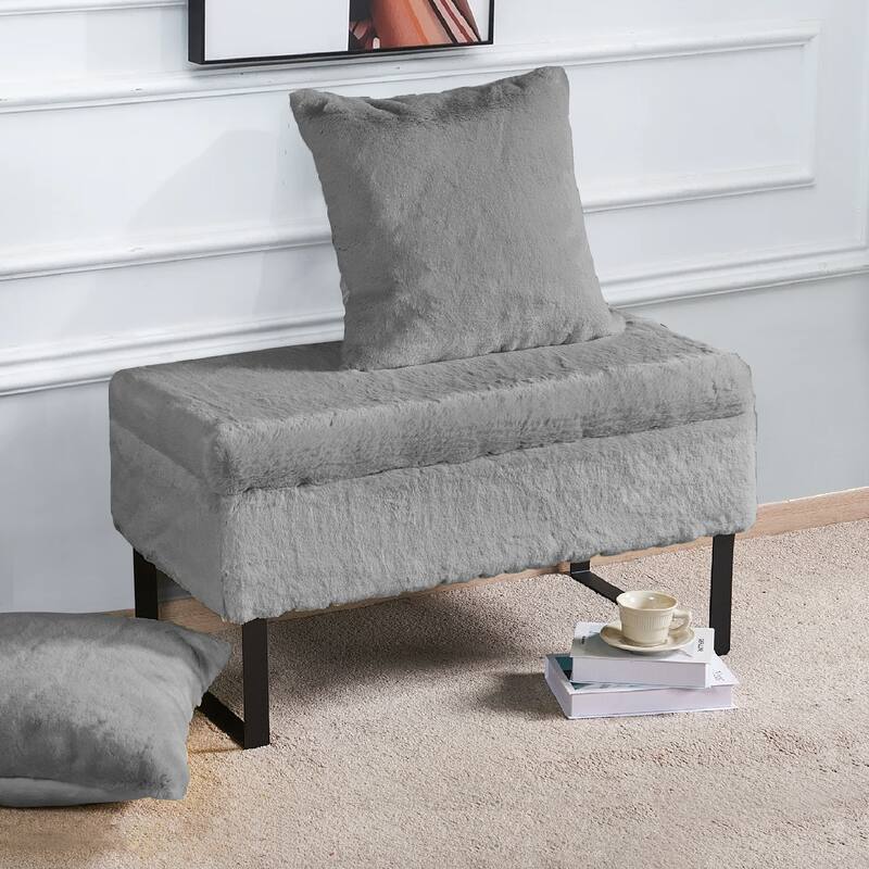 Heavy FauxFur Storage Ottoman with 2 Pillow Set