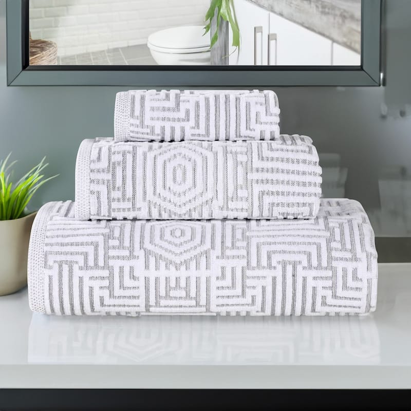 Superior Jasper Cotton Modern Jacquard Soft 3 Piece Bathroom Towel Set - Platinum