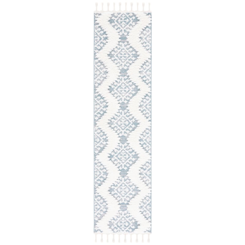SAFAVIEH Moroccan Tassel Shag Berneice Boho Tribal 2-inch Thick - 2' 3" x 8' - Teal/Ivory
