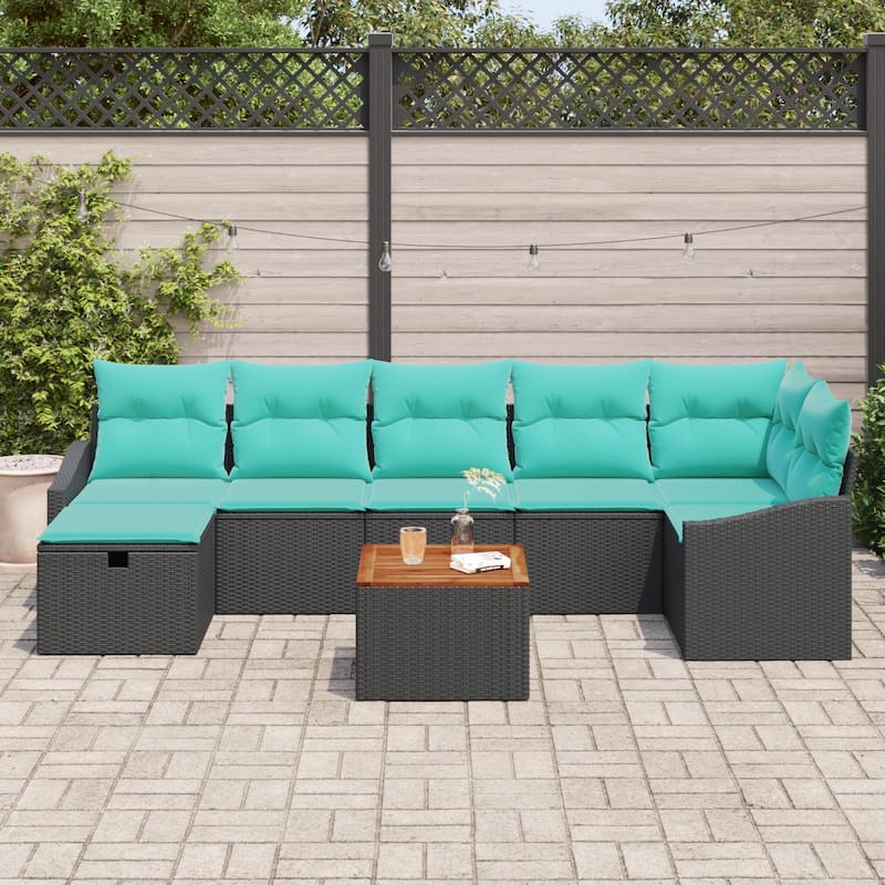 vidaXL 8 Piece Garden Sofa Set with Cushions Black Poly Rattan - 113.6×48.6×27.2