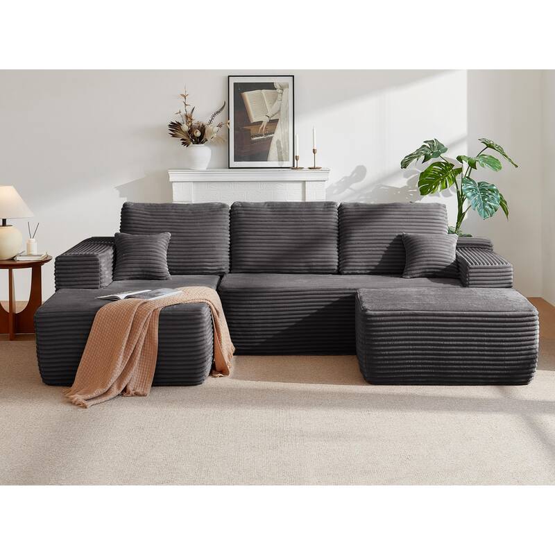 U-Shaped Modular Sectional Sofa with Chaise Lounge & Ottoman, Comfy Deep Seat Cloud Couch, Lounge Sofa with Side Pockets - Grey