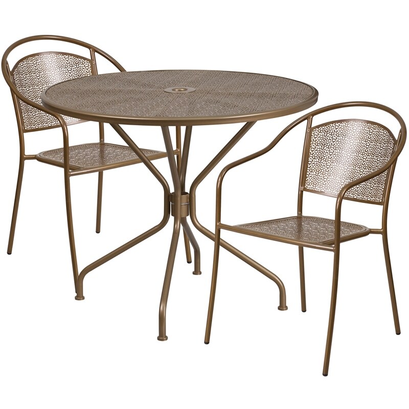 Shop Sterling Round 35 25 Gold Indoor Outdoor Steel Table Set W 2 Round Back Chairs For Restaurant Bar Pub Patio Overstock 15869183