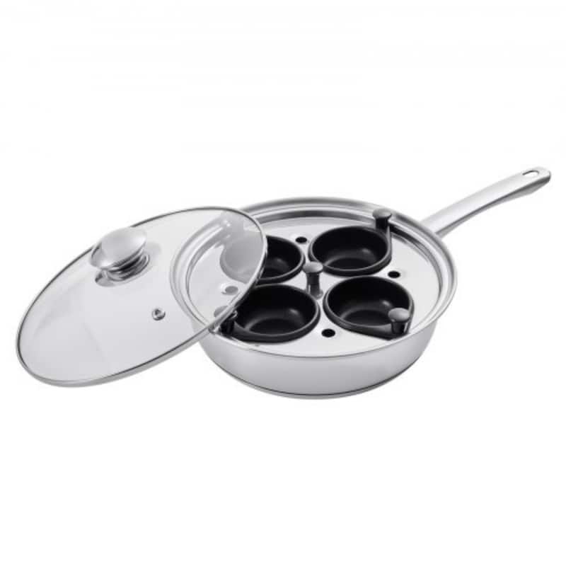 Silver Stainless Steel Egg Poacher Pan with 4 Cups and Glass Lid - 14.69 x 8.86 x 4.33 in - Silver