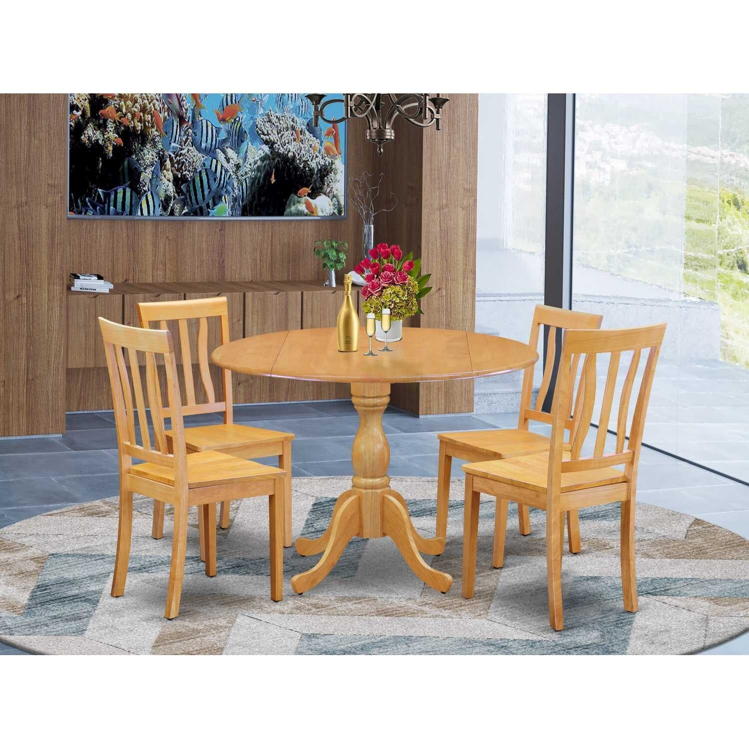 HomeStock 5-Piece Natural Oak Finish Solid Wood Top Dining table with 4-Chairs with Drop Leaf Slat Back