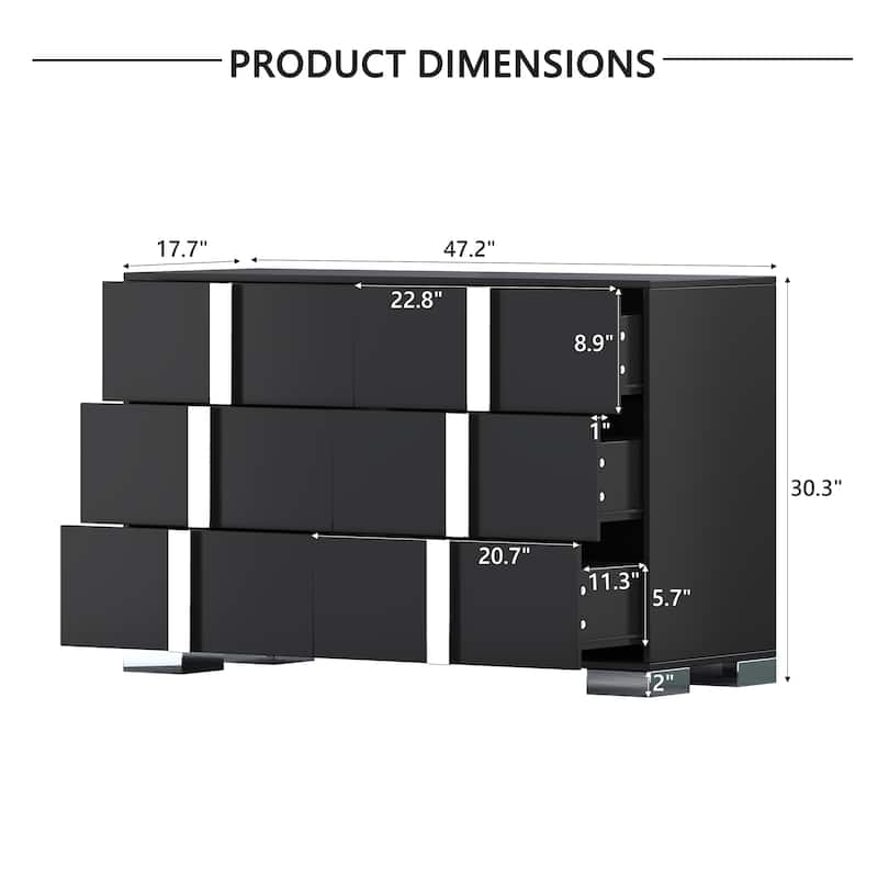 Elegant Modern Dresser With Metal Handle,Mirrored Storage Cabinet With 6 Drawers