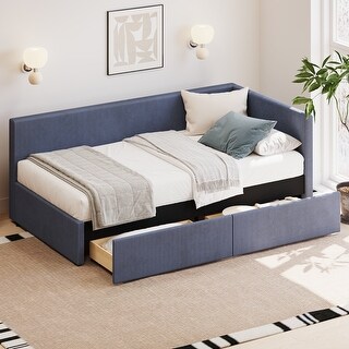 Twin Size Upholstered Daybed with Vertical Striped Design, L Shape Corner Bed with 2 Storage Drawers