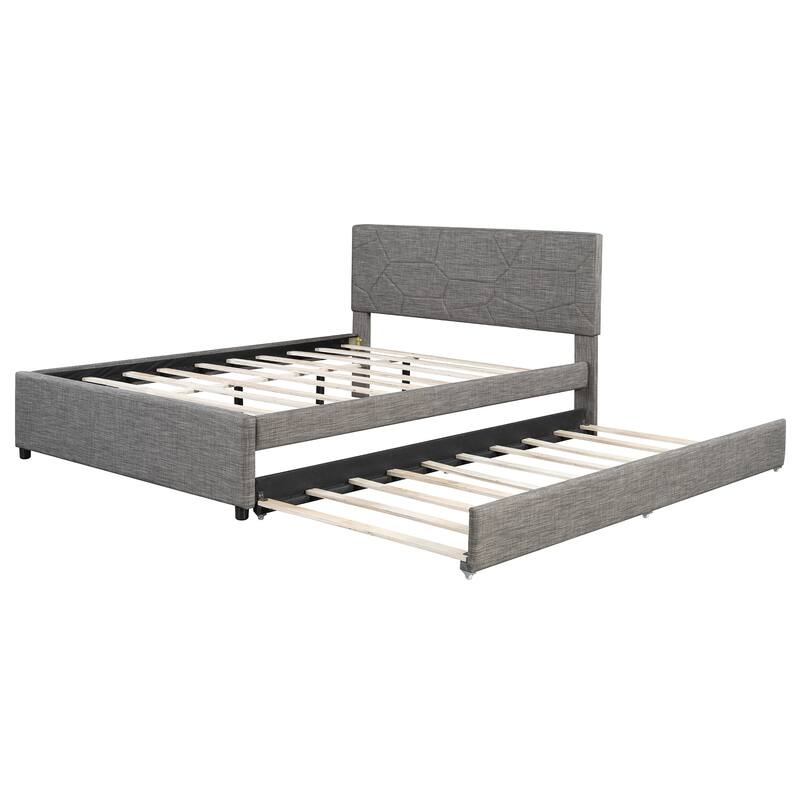 Queen Size Upholstered Platform Bed with Brick Pattern Headboard and Twin XL Size Trundle, Linen Fabric, Gray