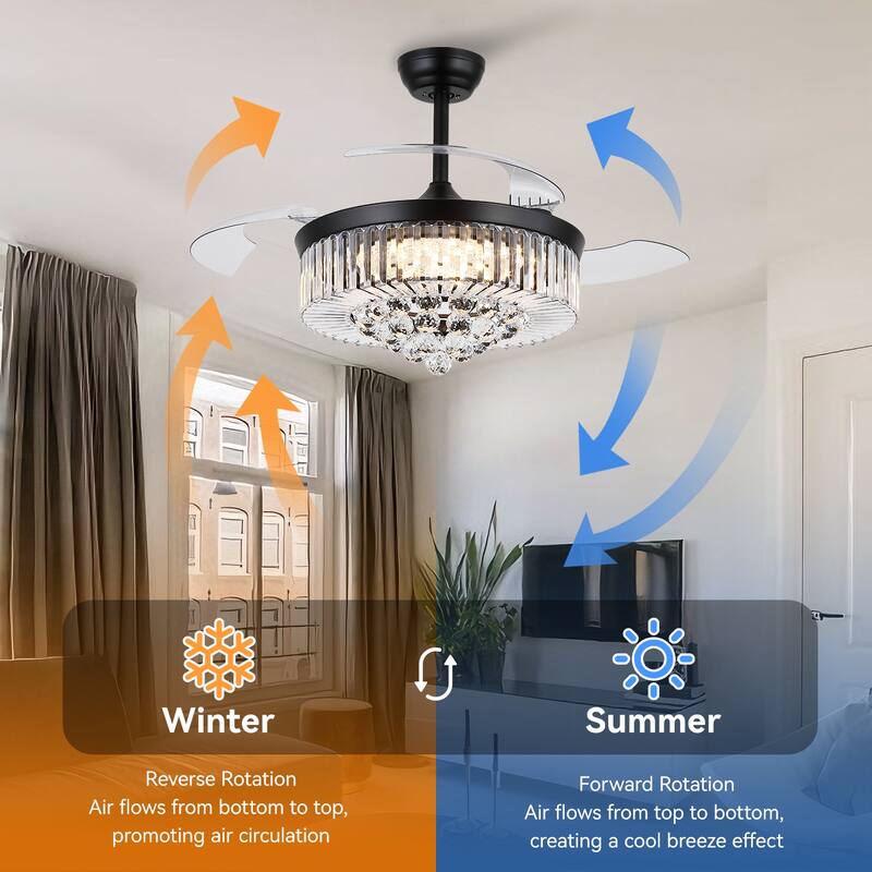 Kviflon 48'' Retractable Ceiling Fan with Lights and Remote 6 Speed, 3 Light Change Retractable Blade Chandelier Ceiling Fan