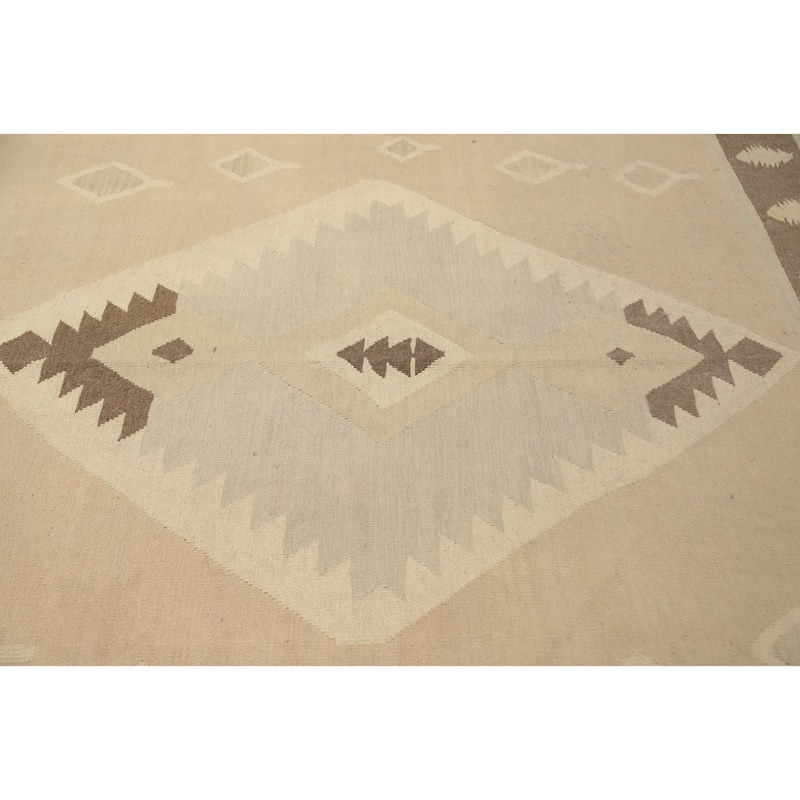 Hand Woven Oriental 100% Wool Carpet Southwestern Tribal Beige & Ivories Kilim Area Rug - 13' 1'' X 10' 0''