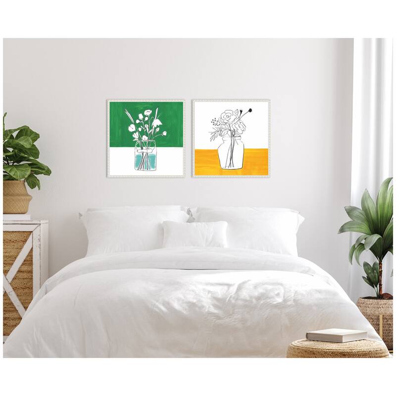 Kate and Laurel Sylvie Beaded Minimalist Floral Vase Green and Yellow Framed Canvas Art Set by Teju Reval