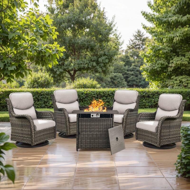 5 Pieces Outdoor Gliders Chairs Fire Pit Table with 5-Inch Thick Cushions - Grey Rattan - Beige Cushion - 5PCS Swivel Chairs with Square Fire Table