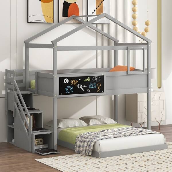 slide 2 of 38, Twin over Full House Bunk Bed with Storage Staircase and Blackboard, Bunk Bed Frames w/Slats Support No Box Spring Needed Gray