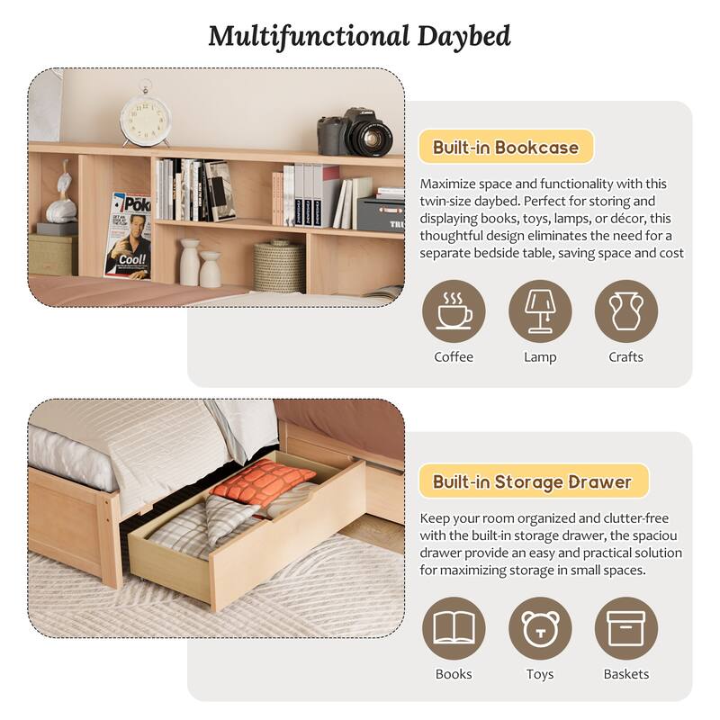 Twin L-Shaped Daybed with Built-In Bookcase, Storage Drawers & Trundle by Harper&Bright Designs