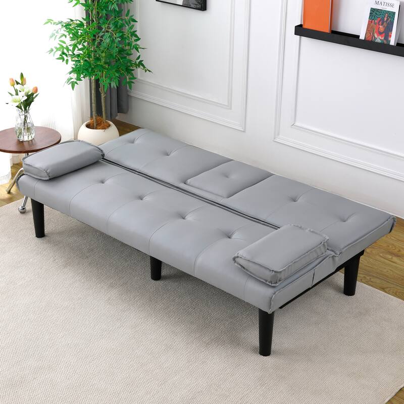 Convertible Loveseat Couch Adjustable Faux Leather Sleeper Sofa Bed with Coffee Table, Cup Holders and Removable Pillow Armrests
