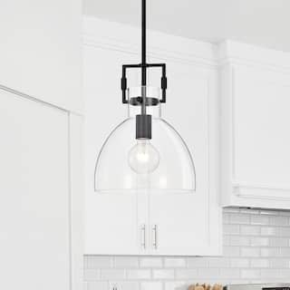 Matte Black 1-Light 10 Inch Bowl Shaped Clear Glass Pendant