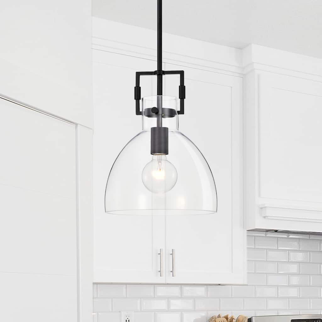 Matte Black 1-Light 10 Inch Bowl Shaped Clear Glass Pendant