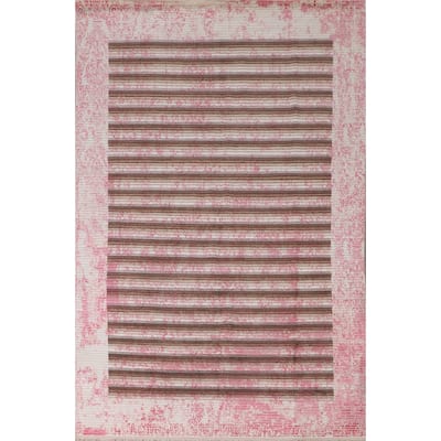 Striped Pink Abstract Area Rug Hand-Knotted Modern Wool Carpet - 6'6"x 9'0"