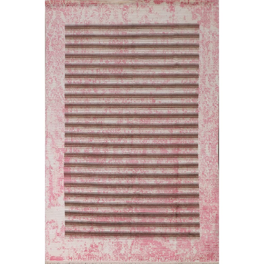 Striped Pink Abstract Area Rug Hand-Knotted Modern Wool Carpet - 6'6"x 9'0"