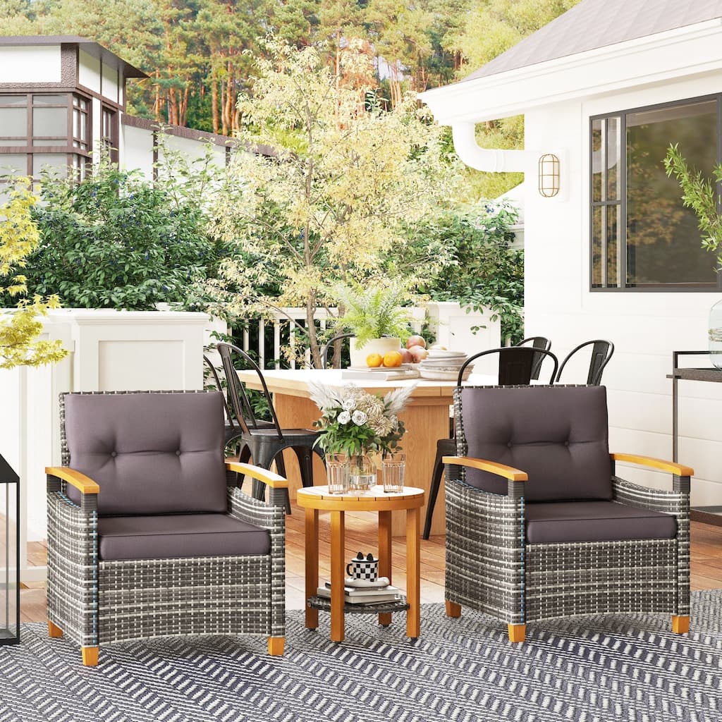 3 Pieces Patio Bistro Set Wooden with Cushions