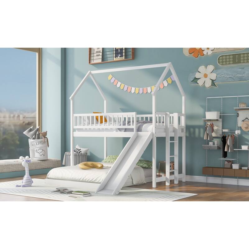Twin Over Full House Bunk Bed with Slide and Built-in Ladder, Full-Length Guardrails